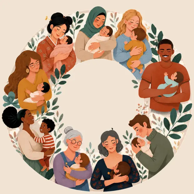 Illustrazione: genitori di diverse età e provenienze che tengono in braccio i loro bambini, disposti in cerchio.