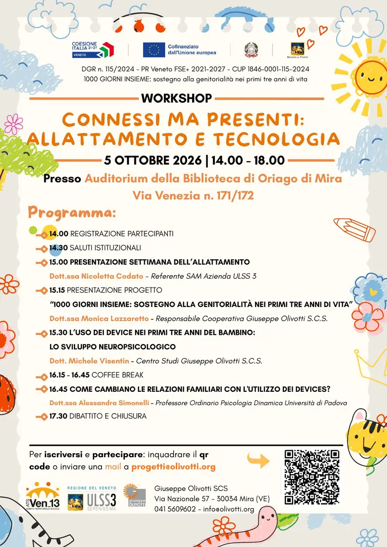 Locandina del workshop Connessi ma presenti: allattamento e tecnologia, con il programma dettagliato della giornata.